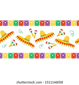 Vector traditional Mexican endless border with paper cutting flags, sombrero, chilli pepper. Horizontal banner with traditional Mexican decoration elements for holidays, Day of the Dead, 5 May on whit