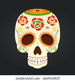 Vector traditional Mexican painted skull - Day of the Dead. Scary festival, decorative elements on dead head. Cartoon flat style.