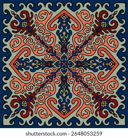 Vetor tradicional motivo inspirado por herança nômade com simetria espelho e paleta harmoniosa de coral, sábio e azul, perfeito para travesseiros, lenços ou têxteis domésticos