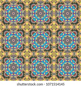 Vector traditional muslim background in blue, pink and orange colors. East culture, indian heritage, arabesque, persian motif. Seamless arabic geometric pattern.