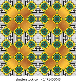 Vector traditional muslim background in blue, gray and yellow colors. Seamless arabic geometric pattern. East culture, indian heritage, arabesque, persian motif.