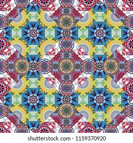Vector traditional muslim background in gray, red and blue colors. East culture, indian heritage, arabesque, persian motif. Seamless arabic geometric pattern.