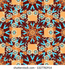 Vector traditional muslim background in orange, red and blue colors. Seamless arabic geometric pattern. East culture, indian heritage, arabesque, persian motif.