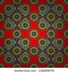 Vector traditional muslim background in red, yellow and blue colors. East culture, indian heritage, arabesque, persian motif. Seamless arabic geometric pattern.