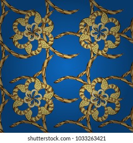 Vector traditional orient ornament. Golden pattern on blue, yellow and brown colors with golden elements. Seamless classic golden pattern.