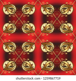 Vector traditional orient ornament. Golden pattern on brown and red colors with golden elements. Seamless classic golden pattern.