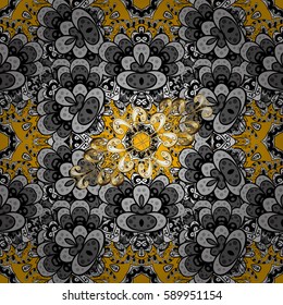 Vector traditional orient ornament. Golden pattern on yellow background with golden elements. Seamless classic golden pattern.