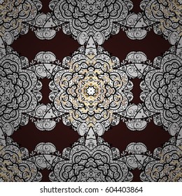 Vector traditional orient ornament. Golden pattern on brown background with golden elements. Seamless classic golden pattern.