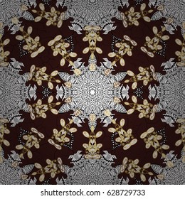 Vector traditional orient ornament. Golden pattern on brown background with golden elements. Seamless classic golden pattern.