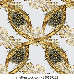 Vector traditional orient ornament. Golden pattern on gray background with golden elements. Seamless classic golden pattern.