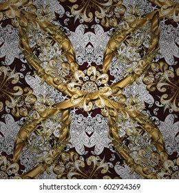 Vector traditional orient ornament. Pattern on brown background with golden elements. Seamless classic golden pattern.