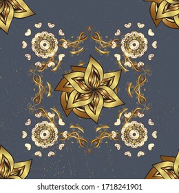 Ornamento vectorial tradicional. Patrón dorado clásico sin inconvenientes. Patrón dorado en colores azul y marrón con elementos dorados.