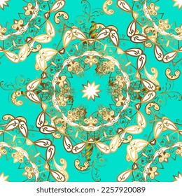 Ornamento vectorial tradicional. Patrón dorado clásico sin inconveniente. Patrón dorado en tonos azules, marrones y blancos con elementos dorados.