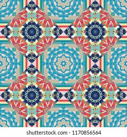 Vector traditional oriental background in beige, blue and yellow colors. Seamless pattern with the pre-existing geometry in the drawing. Tribal ethnic arabic, indian, turkish patern ornament.