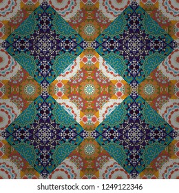 Vector traditional oriental background in beige, blue and orange colors. Tribal ethnic arabic, indian, turkish patern ornament. Seamless pattern with the pre-existing geometry in the drawing.