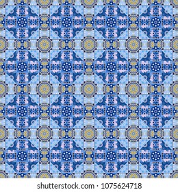 Vector traditional oriental background in blue, red and violet colors. Seamless pattern with the pre-existing geometry in the drawing. Tribal ethnic arabic, indian, turkish patern ornament.