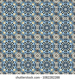 Vector traditional oriental background in blue, beige and black colors. Seamless pattern with the pre-existing geometry in the drawing. Tribal ethnic arabic, indian, turkish patern ornament.