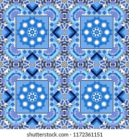 Vector traditional oriental background in brown, blue and white colors. Seamless pattern with the pre-existing geometry in the drawing. Tribal ethnic arabic, indian, turkish patern ornament.