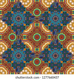 Vector traditional oriental background in brown, blue and orange colors. Tribal ethnic arabic, indian, turkish patern ornament. Seamless pattern with the pre-existing geometry in the drawing.
