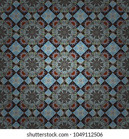 Vector traditional oriental background in gray, brown and blue colors. Seamless pattern with the pre-existing geometry in the drawing. Tribal ethnic arabic, indian, turkish patern ornament.