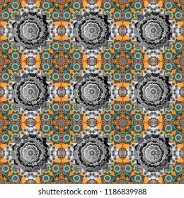 Vector traditional oriental background in gray, orange and blue colors. Seamless pattern with the pre-existing geometry in the drawing. Tribal ethnic arabic, indian, turkish patern ornament.