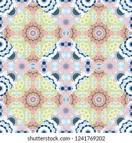 Vector traditional oriental background in gray, pink and blue colors. Tribal ethnic arabic, indian, turkish patern ornament. Seamless pattern with the pre-existing geometry in the drawing.