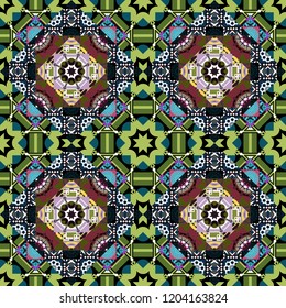 Vector traditional oriental background in green, brown and black colors. Seamless pattern with the pre-existing geometry in the drawing. Tribal ethnic arabic, indian, turkish patern ornament.