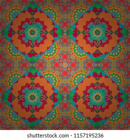 Vector traditional oriental background in orange, blue and green colors. Seamless pattern with the pre-existing geometry in the drawing. Tribal ethnic arabic, indian, turkish patern ornament.