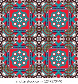 Vector traditional oriental background in pink, blue and white colors. Seamless pattern with the pre-existing geometry in the drawing. Tribal ethnic arabic, indian, turkish patern ornament.