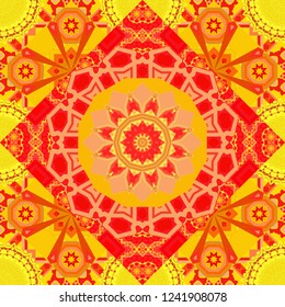 Vector traditional oriental background in red, yellow and orange colors. Seamless pattern with the pre-existing geometry in the drawing. Tribal ethnic arabic, indian, turkish patern ornament.
