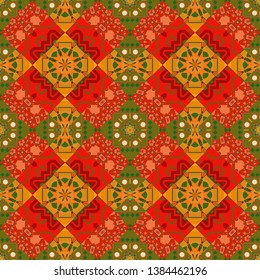 Vector traditional oriental background in red, green and orange colors. Seamless pattern with the pre-existing geometry in the drawing. Tribal ethnic arabic, indian, turkish patern ornament.