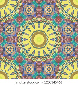 Vector traditional oriental background in yellow, blue and pink colors. Seamless pattern with the pre-existing geometry in the drawing. Tribal ethnic arabic, indian, turkish patern ornament.