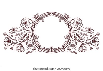 Vector traditional oriental vignette with cherry blossom flowers, hand drawn floral japanese ornament with sakura tree with copy space