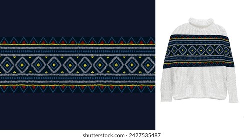 Vector traditional ornamental Ethnic pattern on sweater mock up. Embroidery colorful trend ethnic pattern. Design for ikat, blanket, fabric, clothing, carpet, textile, ethnic, batik, embroidery.