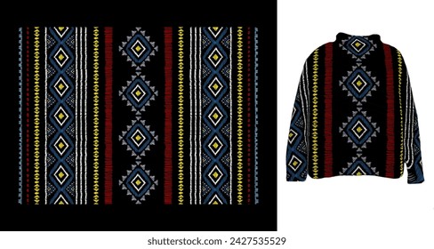 Vector traditional ornamental Ethnic pattern on sweater mock up. Embroidery colorful trend ethnic pattern. Design for ikat, blanket, fabric, clothing, carpet, textile, ethnic, batik, embroidery.