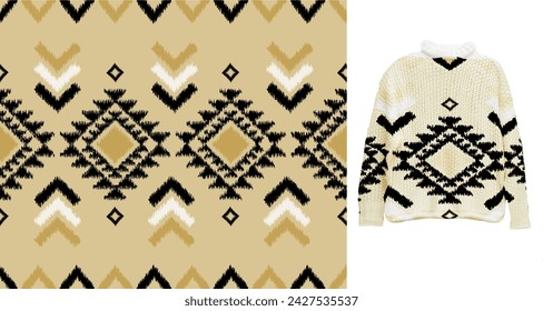 Vector tradicional ornamental Patrón étnico en la maqueta del suéter. Patrón étnico de tendencia colorida bordado. Diseño para ikat, manta, tela, ropa, alfombra, textil, étnico, batik, bordado.