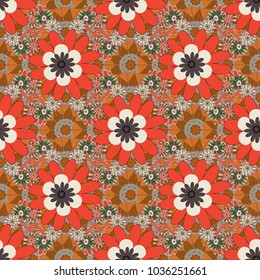 Vector traditional ornamental flower pattern on dress mockup. Can be used in dressing clothes, textiles, household items. Embroidery colorful trend floral seamless pattern in red, brown, beige colors.