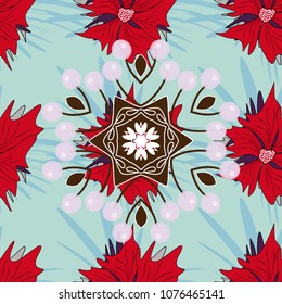 Vector traditional ornamental flower pattern on dress mockup. Can be used in dressing clothes, textiles. Embroidery colorful trend floral seamless pattern in red, brown and blue colors.