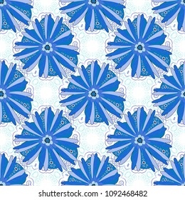 Vector traditional ornamental flower pattern on dress mockup. Can be used in dressing clothes, household items. Embroidery colorful trend floral seamless pattern in white, black and blue colors.