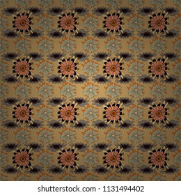 Vector traditional ornamental flower pattern on dress mockup. Can be used in dressing clothes, textiles. Embroidery colorful trend floral seamless pattern in black, beige and gray colors.