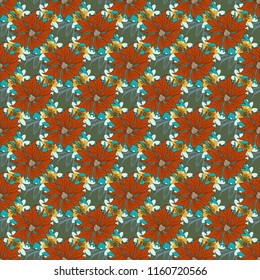 Vector traditional ornamental flower pattern on dress mockup. Can be used in dressing clothes, textiles. Embroidery colorful trend floral seamless pattern in black, gray and orange colors.