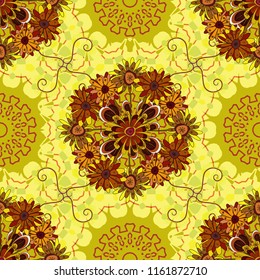 Vector traditional ornamental flower pattern on dress mockup. Can be used in dressing clothes, textiles. Embroidery colorful trend floral seamless pattern in orange, brown and yellow colors.