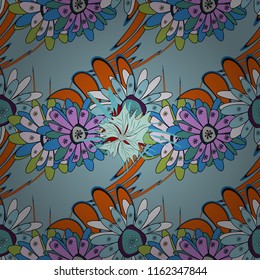 Vector traditional ornamental flower pattern on dress mockup. Can be used in dressing clothes, textiles. Embroidery colorful trend floral seamless pattern in black, blue and orange colors.
