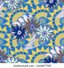 Vector traditional ornamental flower pattern on dress mockup. Can be used in dressing clothes, textiles. Embroidery colorful trend floral seamless pattern in blue, yellow and pink colors.