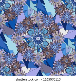 Vector traditional ornamental flower pattern on dress mockup. Can be used in dressing clothes, textiles. Embroidery colorful trend floral seamless pattern in brown, neutral and blue colors.