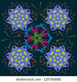 Vector traditional ornamental flower pattern on dress mockup. Can be used in dressing clothes, textiles. Embroidery colorful trend floral seamless pattern in green, black and violet colors.