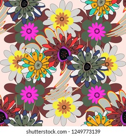 Vector traditional ornamental flower pattern on dress mockup. Embroidery colorful trend floral seamless pattern in pink, green and brown colors. Can be used in dressing clothes, textiles.