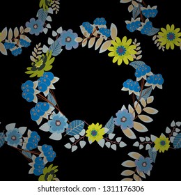 Vector traditional ornamental flower pattern on dress mockup. Can be used in dressing clothes, textiles. Embroidery colorful trend floral seamless pattern in black, blue and beige colors.