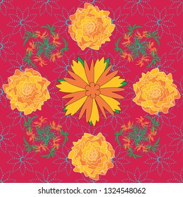 Vector traditional ornamental flower pattern on dress mockup. Embroidery colorful trend floral seamless pattern in yellow, pink and orange colors. Can be used in dressing clothes, textiles.
