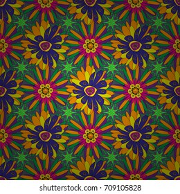 Vector traditional ornamental flower pattern on dress mockup. Can be used in dressing clothes, textiles. Embroidery colorful trend floral seamless pattern in brown, blue and green colors.